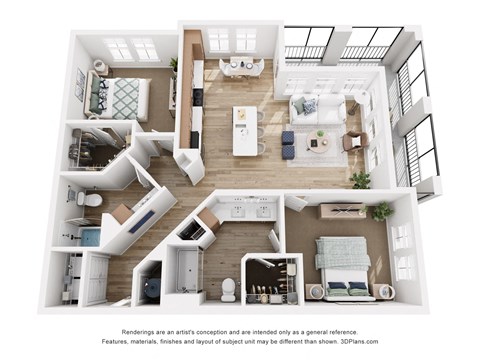 Floor plan for 2 beds, 2 baths, 1345 sqft